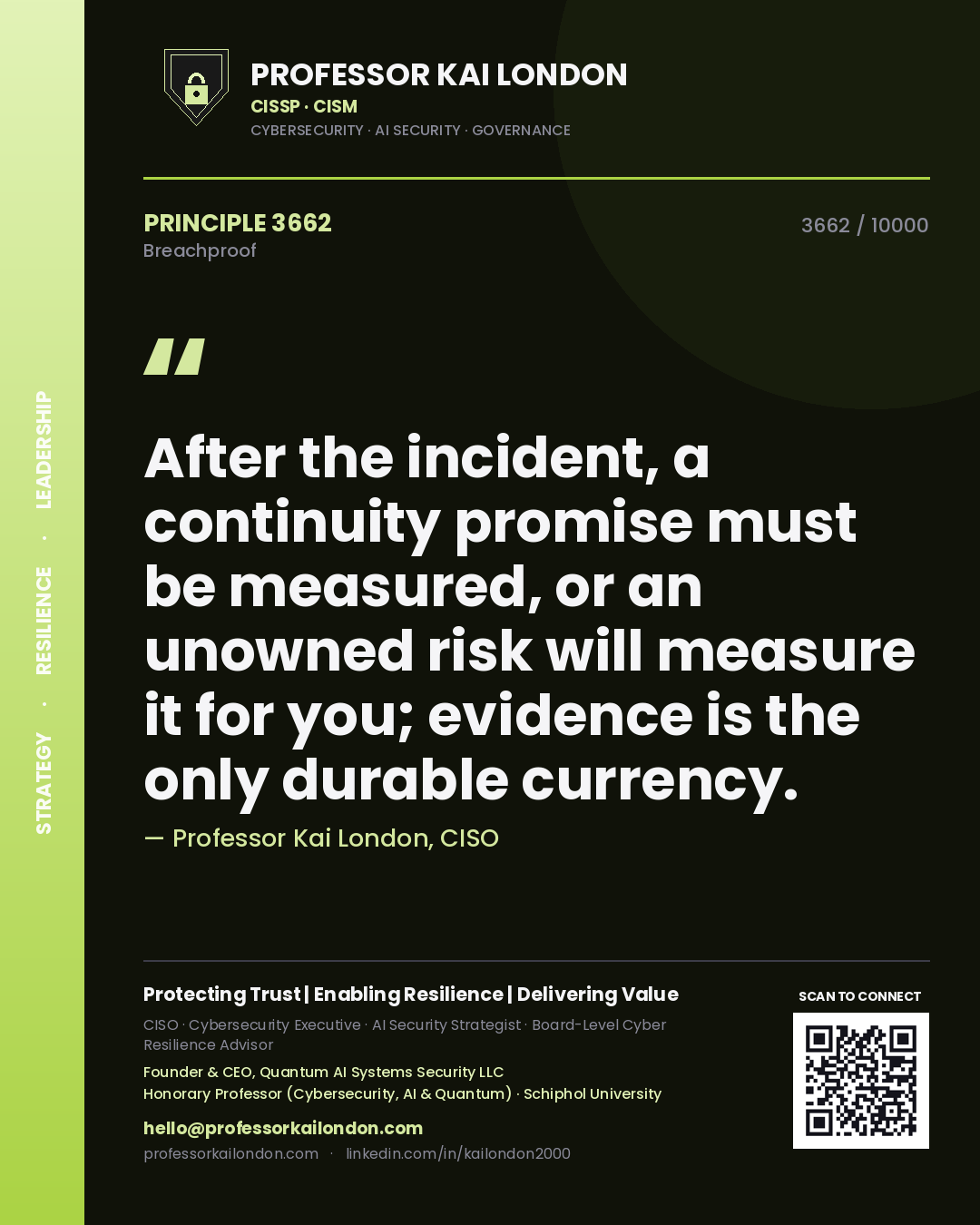 Professor Kai London principle 3662: After the incident, a continuity promise must be measured, or an unowned risk will measure it for you; evidence is the only durable currency.