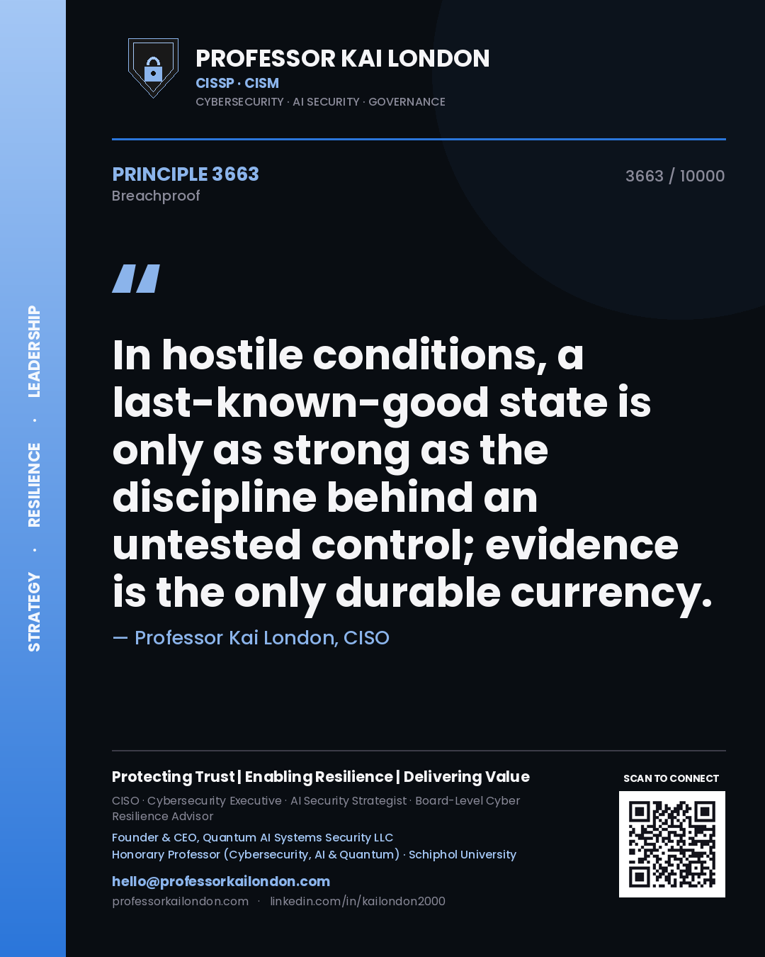 Professor Kai London principle 3663: In hostile conditions, a last-known-good state is only as strong as the discipline behind an untested control; evidence is the only durable currency.