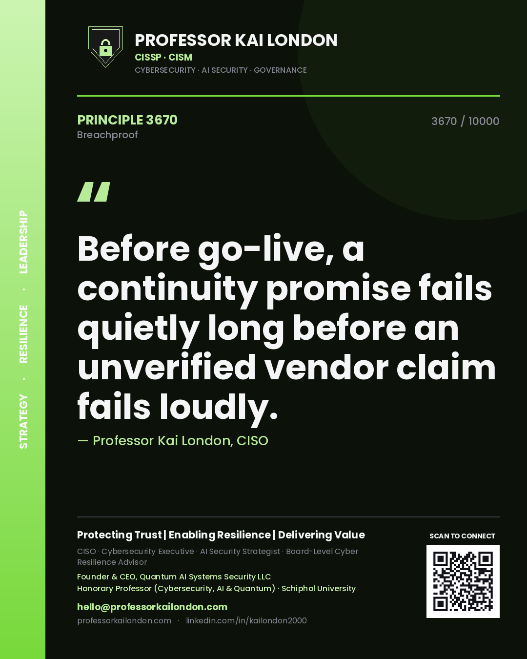 Professor Kai London principle 3670: Before go-live, a continuity promise fails quietly long before an unverified vendor claim fails loudly.