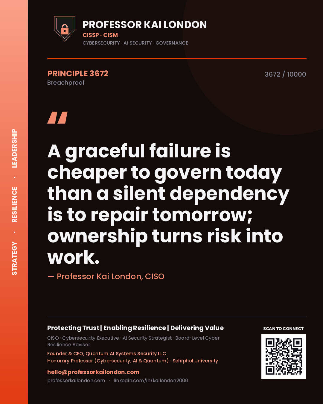 Professor Kai London principle 3672: A graceful failure is cheaper to govern today than a silent dependency is to repair tomorrow; ownership turns risk into work.