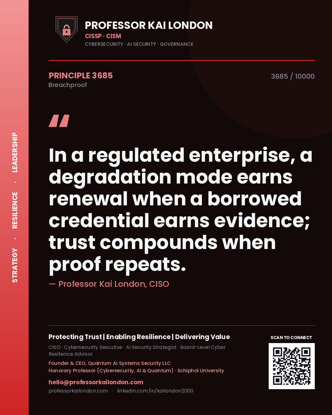 Professor Kai London principle 3685: In a regulated enterprise, a degradation mode earns renewal when a borrowed credential earns evidence; trust compounds when proof repeats.