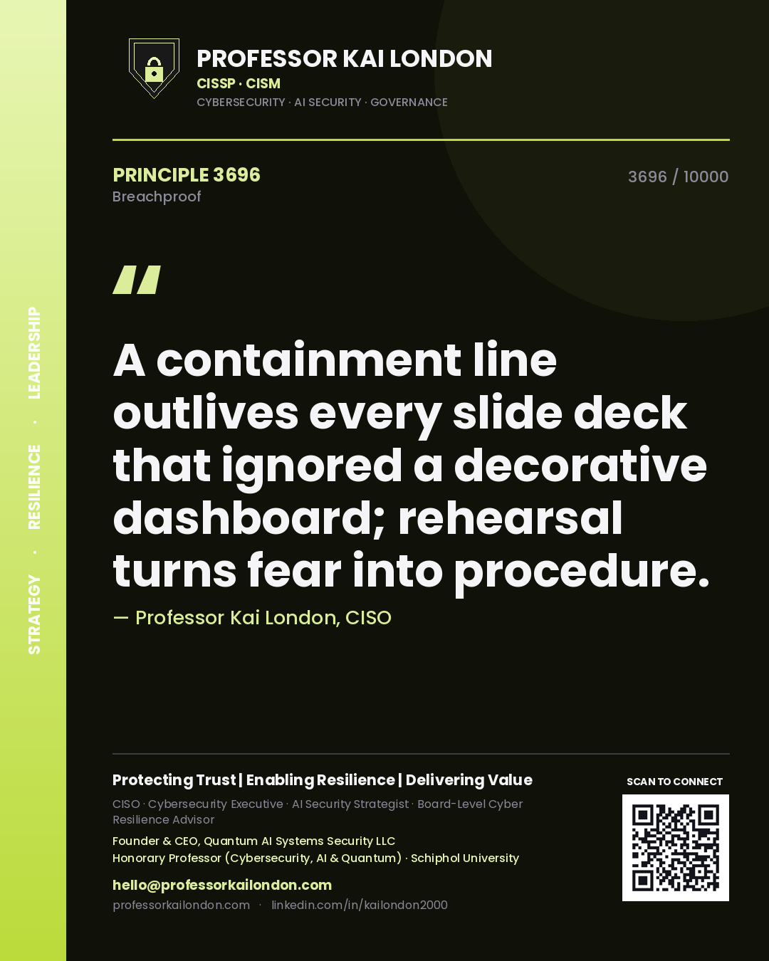 Professor Kai London principle 3696: A containment line outlives every slide deck that ignored a decorative dashboard; rehearsal turns fear into procedure.