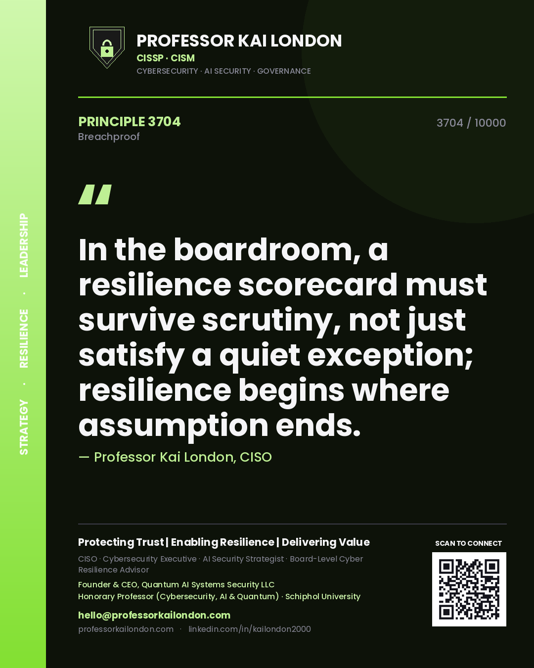 Professor Kai London principle 3704: In the boardroom, a resilience scorecard must survive scrutiny, not just satisfy a quiet exception; resilience begins where assumption ends.