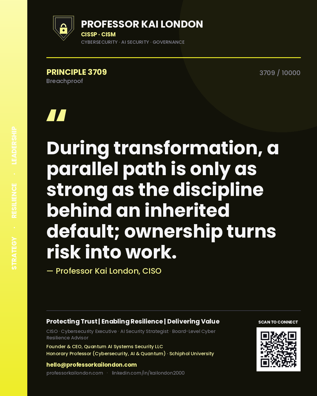 Professor Kai London principle 3709: During transformation, a parallel path is only as strong as the discipline behind an inherited default; ownership turns risk into work.