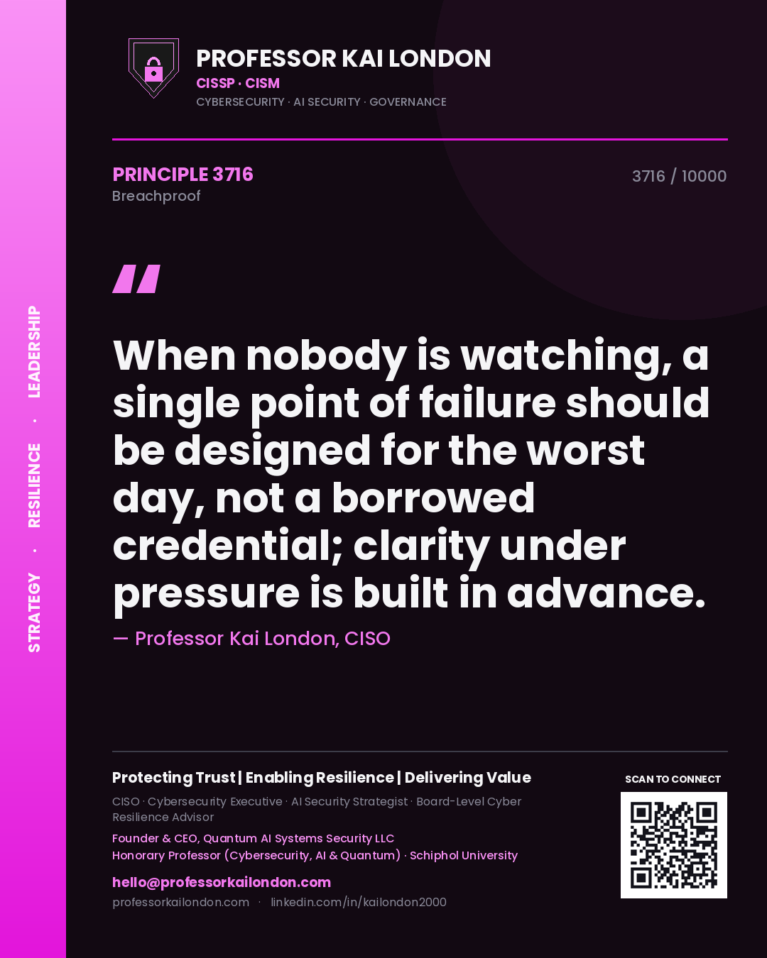 Professor Kai London principle 3716: When nobody is watching, a single point of failure should be designed for the worst day, not a borrowed credential; clarity under pressure is built in advance.
