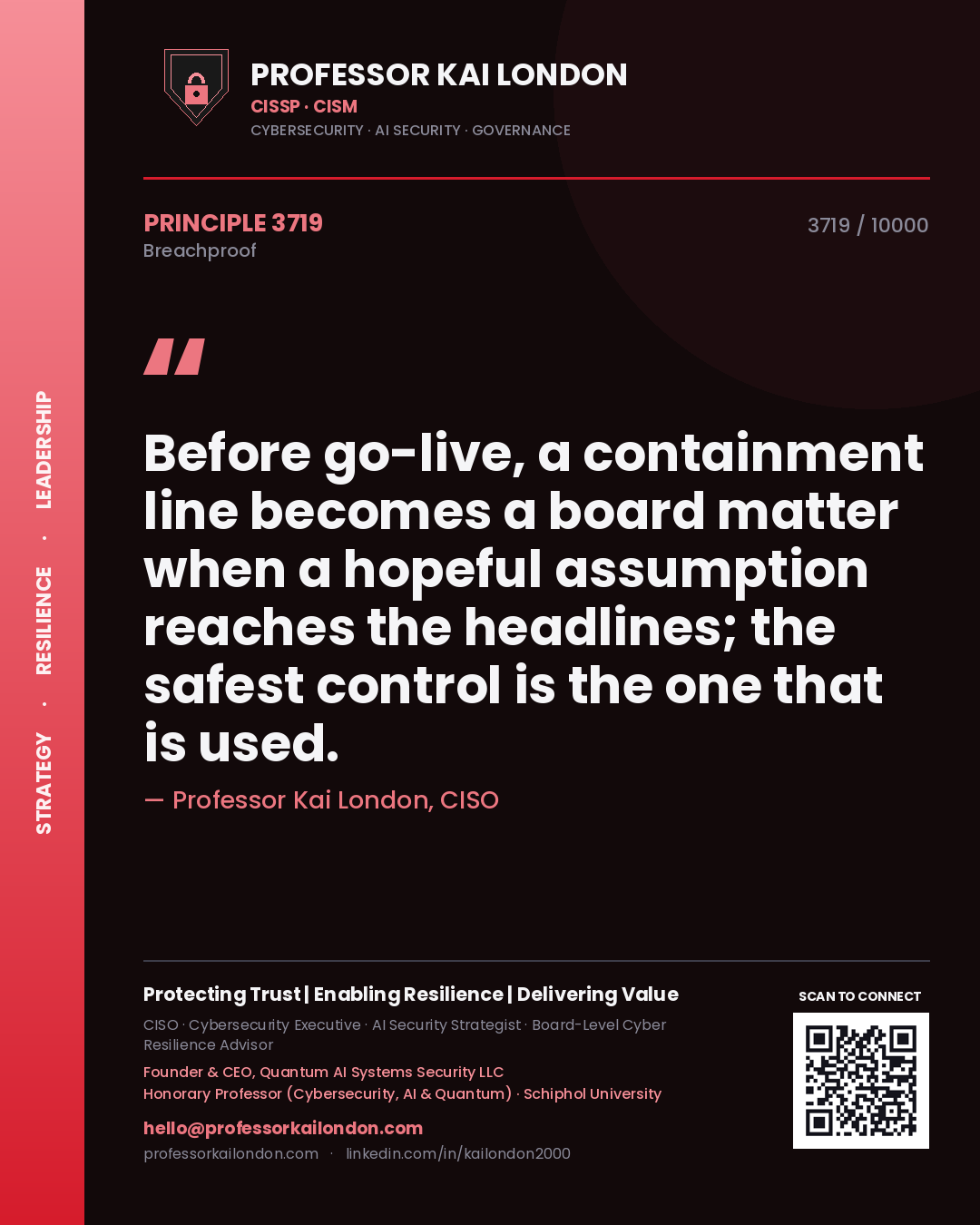 Professor Kai London principle 3719: Before go-live, a containment line becomes a board matter when a hopeful assumption reaches the headlines; the safest control is the one that is used.