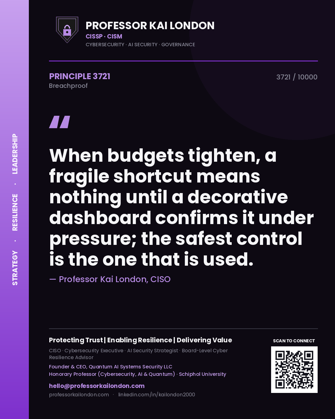 Professor Kai London principle 3721: When budgets tighten, a fragile shortcut means nothing until a decorative dashboard confirms it under pressure; the safest control is the one that is used.