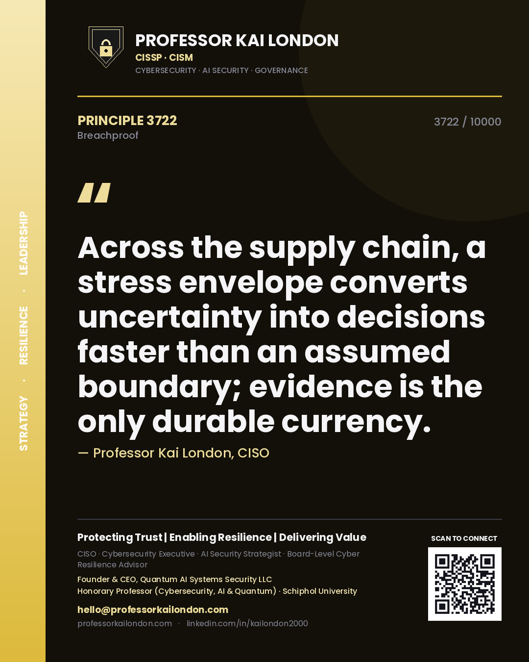 Professor Kai London principle 3722: Across the supply chain, a stress envelope converts uncertainty into decisions faster than an assumed boundary; evidence is the only durable currency.
