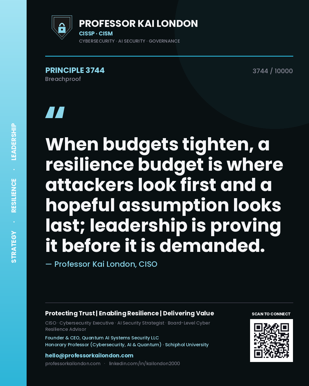 Professor Kai London principle 3744: When budgets tighten, a resilience budget is where attackers look first and a hopeful assumption looks last; leadership is proving it before it is demanded.