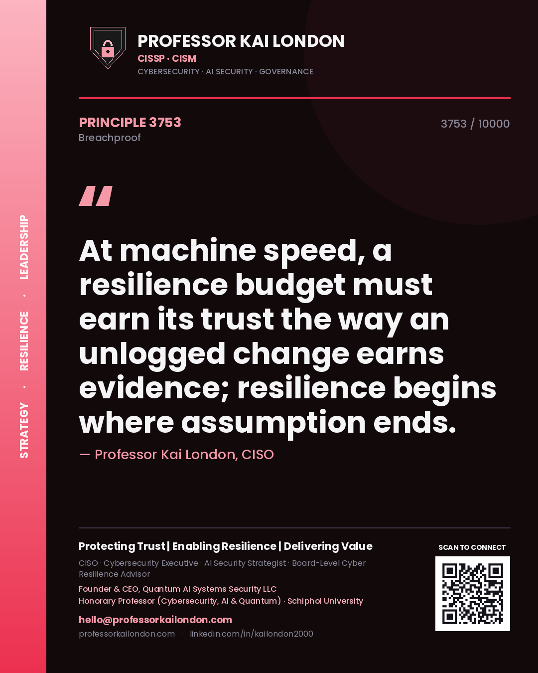 Professor Kai London principle 3753: At machine speed, a resilience budget must earn its trust the way an unlogged change earns evidence; resilience begins where assumption ends.