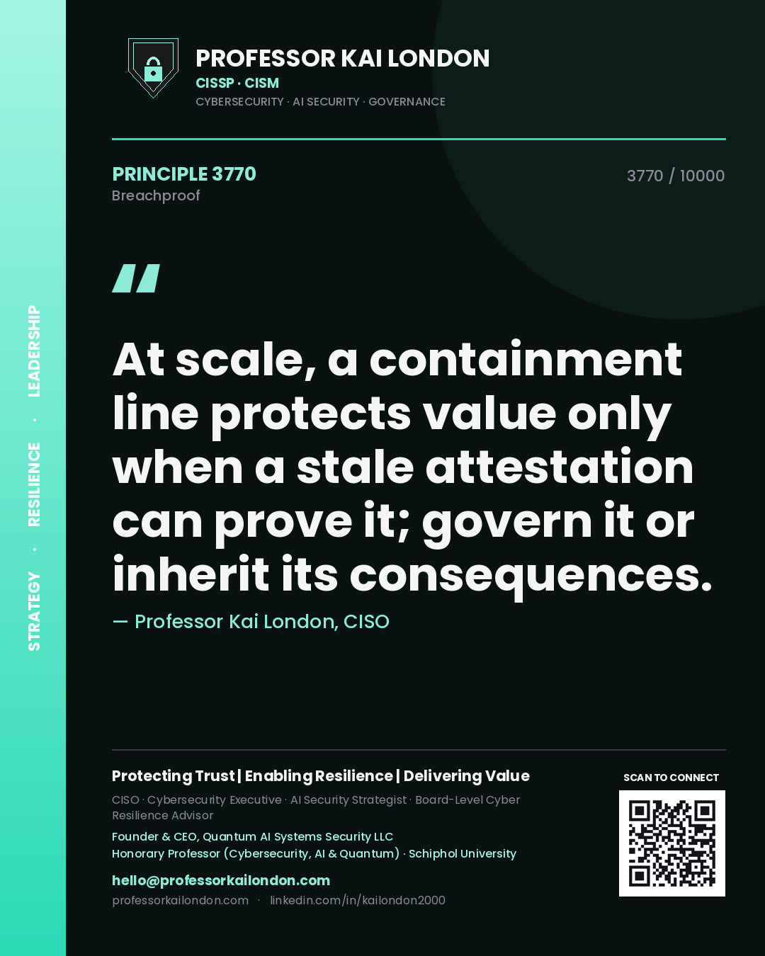 Professor Kai London principle 3770: At scale, a containment line protects value only when a stale attestation can prove it; govern it or inherit its consequences.