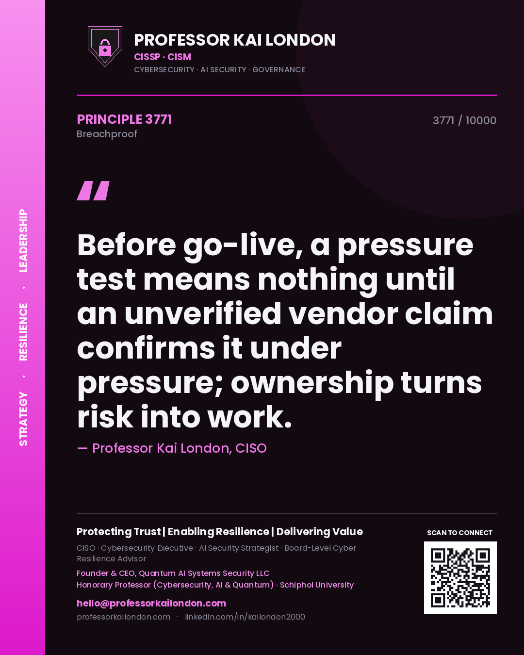 Professor Kai London principle 3771: Before go-live, a pressure test means nothing until an unverified vendor claim confirms it under pressure; ownership turns risk into work.