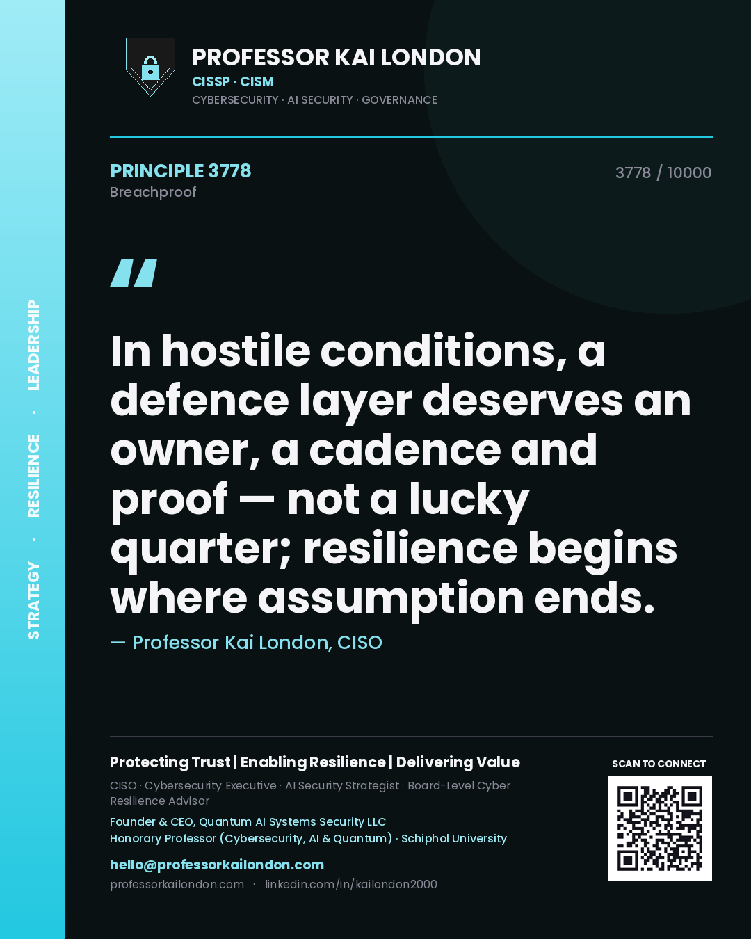 Professor Kai London principle 3778: In hostile conditions, a defence layer deserves an owner, a cadence and proof — not a lucky quarter; resilience begins where assumption ends.