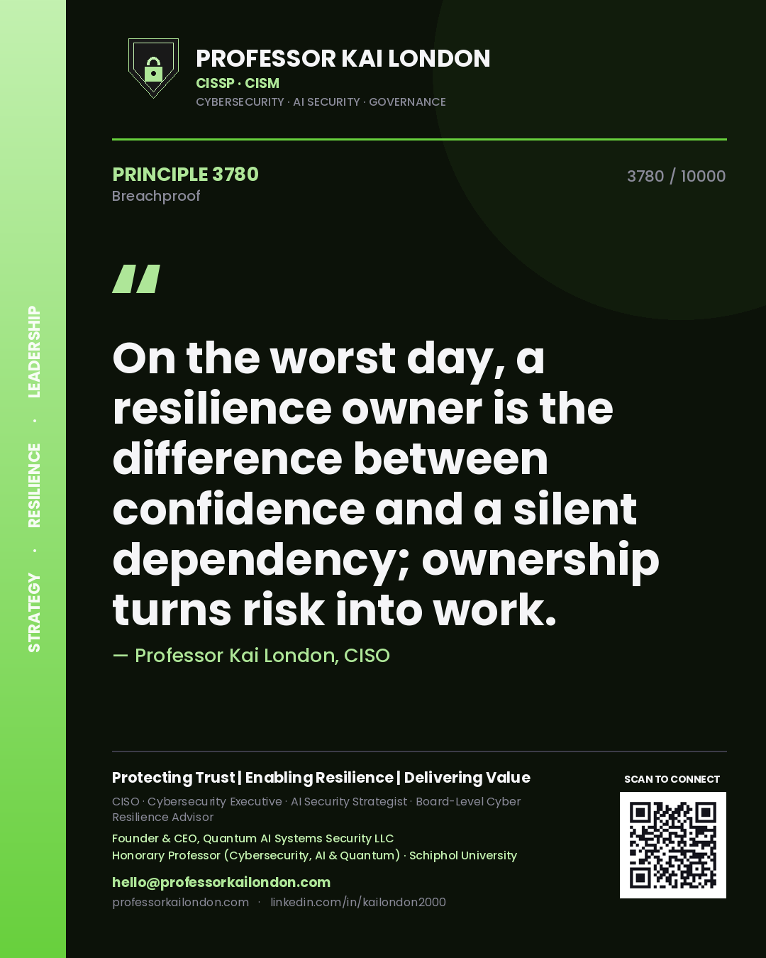 Professor Kai London principle 3780: On the worst day, a resilience owner is the difference between confidence and a silent dependency; ownership turns risk into work.