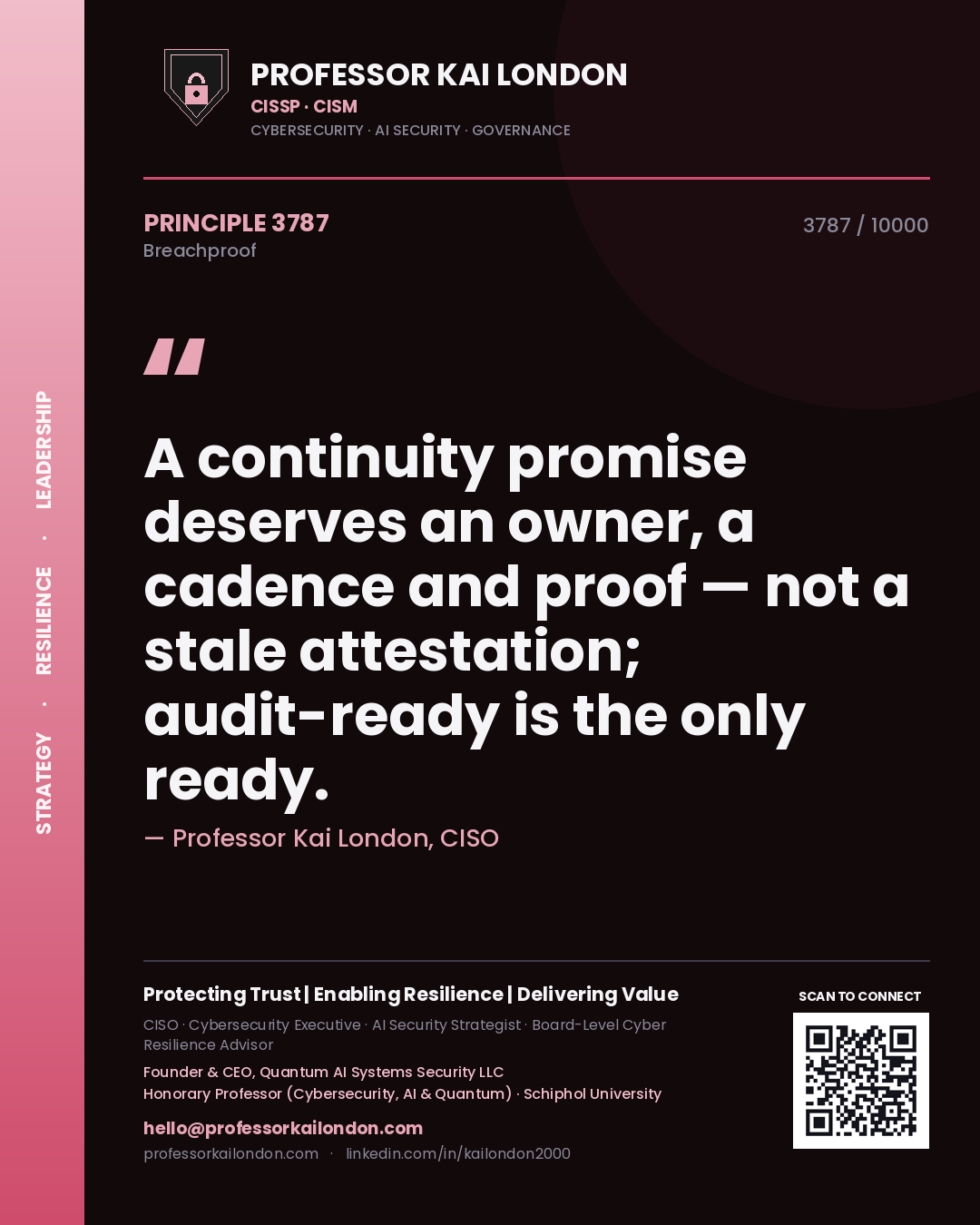 Professor Kai London principle 3787: A continuity promise deserves an owner, a cadence and proof — not a stale attestation; audit-ready is the only ready.
