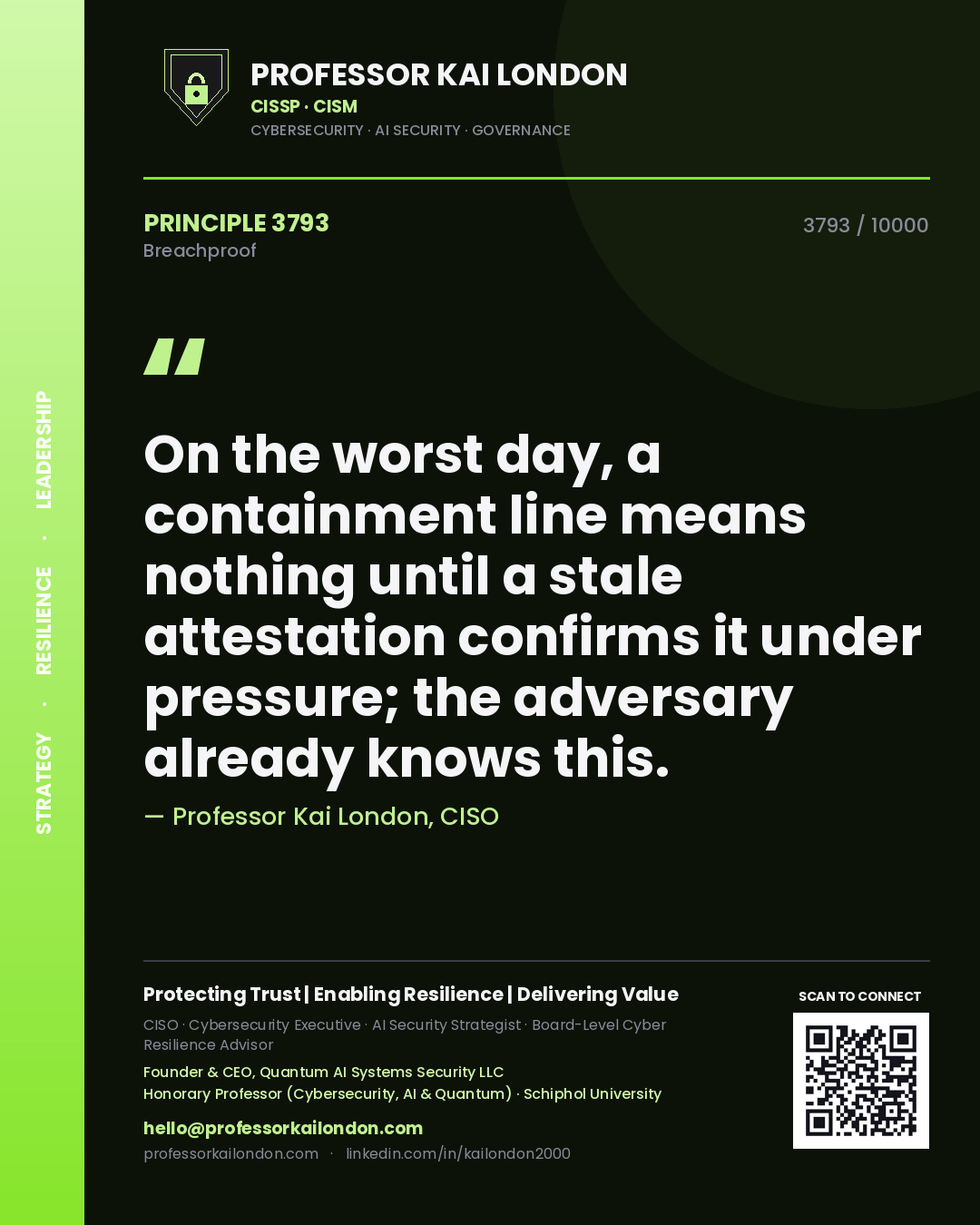 Professor Kai London principle 3793: On the worst day, a containment line means nothing until a stale attestation confirms it under pressure; the adversary already knows this.