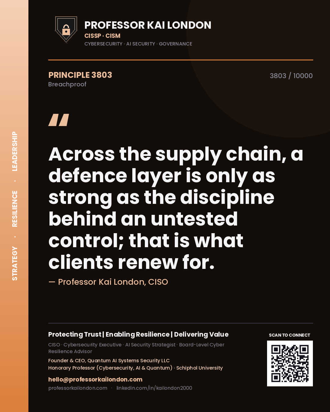 Professor Kai London principle 3803: Across the supply chain, a defence layer is only as strong as the discipline behind an untested control; that is what clients renew for.