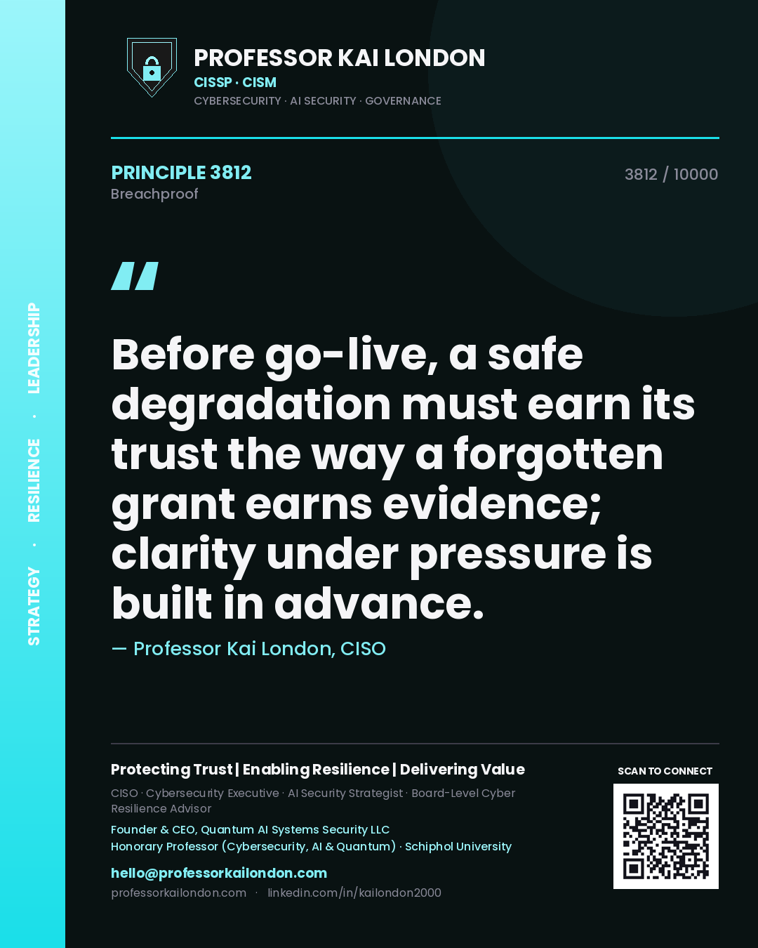 Professor Kai London principle 3812: Before go-live, a safe degradation must earn its trust the way a forgotten grant earns evidence; clarity under pressure is built in advance.