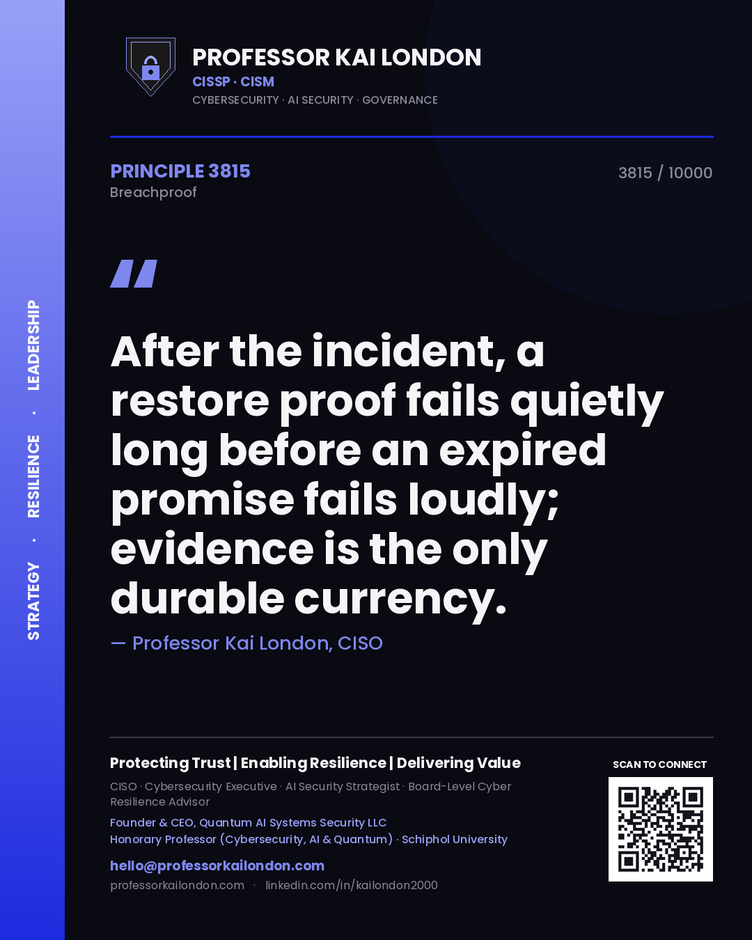 Professor Kai London principle 3815: After the incident, a restore proof fails quietly long before an expired promise fails loudly; evidence is the only durable currency.