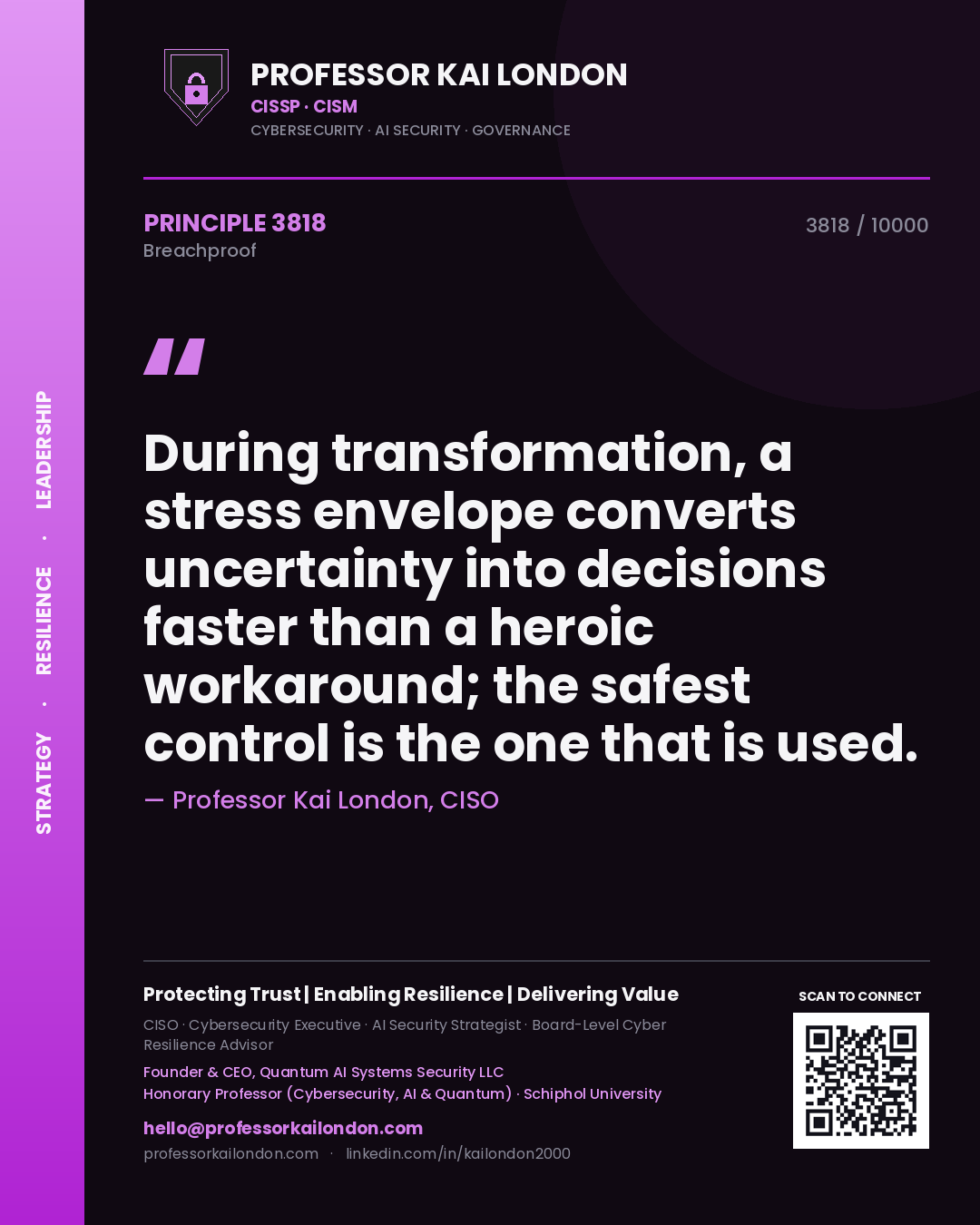 Professor Kai London principle 3818: During transformation, a stress envelope converts uncertainty into decisions faster than a heroic workaround; the safest control is the one that is used.