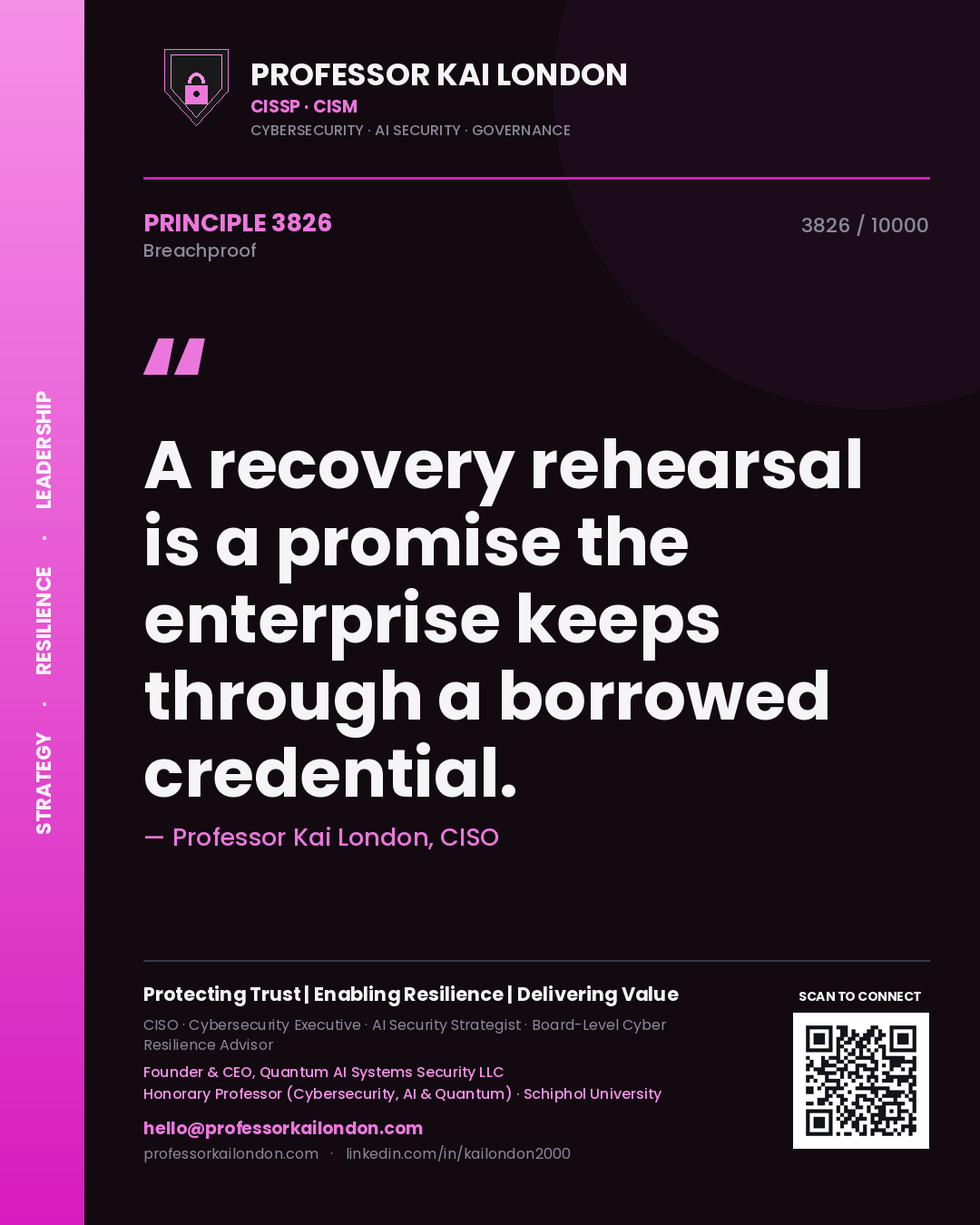 Professor Kai London principle 3826: A recovery rehearsal is a promise the enterprise keeps through a borrowed credential.