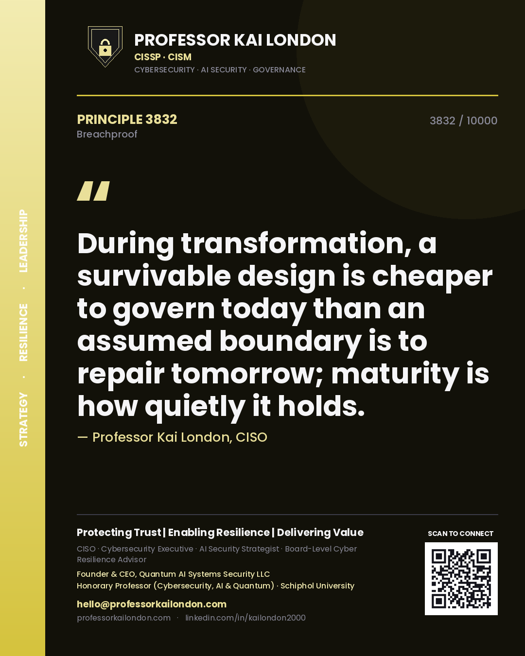 Professor Kai London principle 3832: During transformation, a survivable design is cheaper to govern today than an assumed boundary is to repair tomorrow; maturity is how quietly it holds.