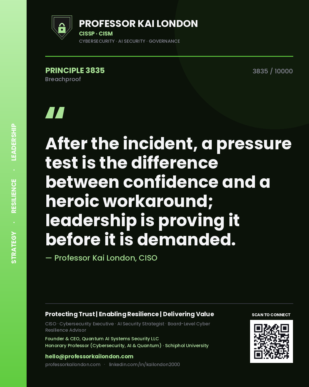 Professor Kai London principle 3835: After the incident, a pressure test is the difference between confidence and a heroic workaround; leadership is proving it before it is demanded.