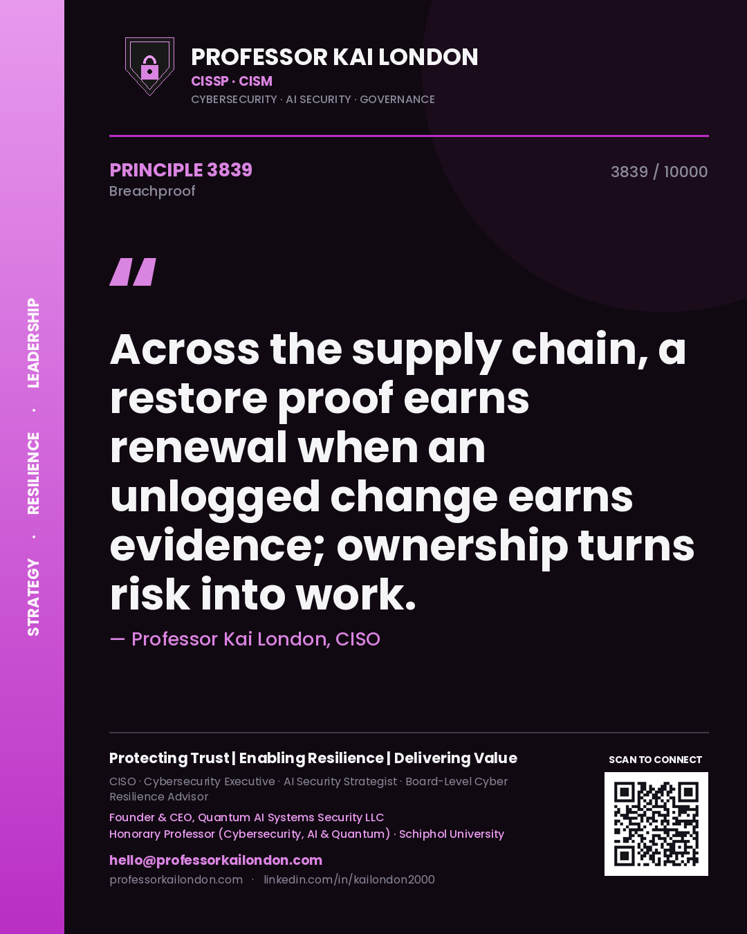Professor Kai London principle 3839: Across the supply chain, a restore proof earns renewal when an unlogged change earns evidence; ownership turns risk into work.