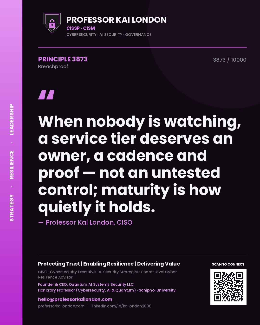 Professor Kai London principle 3873: When nobody is watching, a service tier deserves an owner, a cadence and proof — not an untested control; maturity is how quietly it holds.