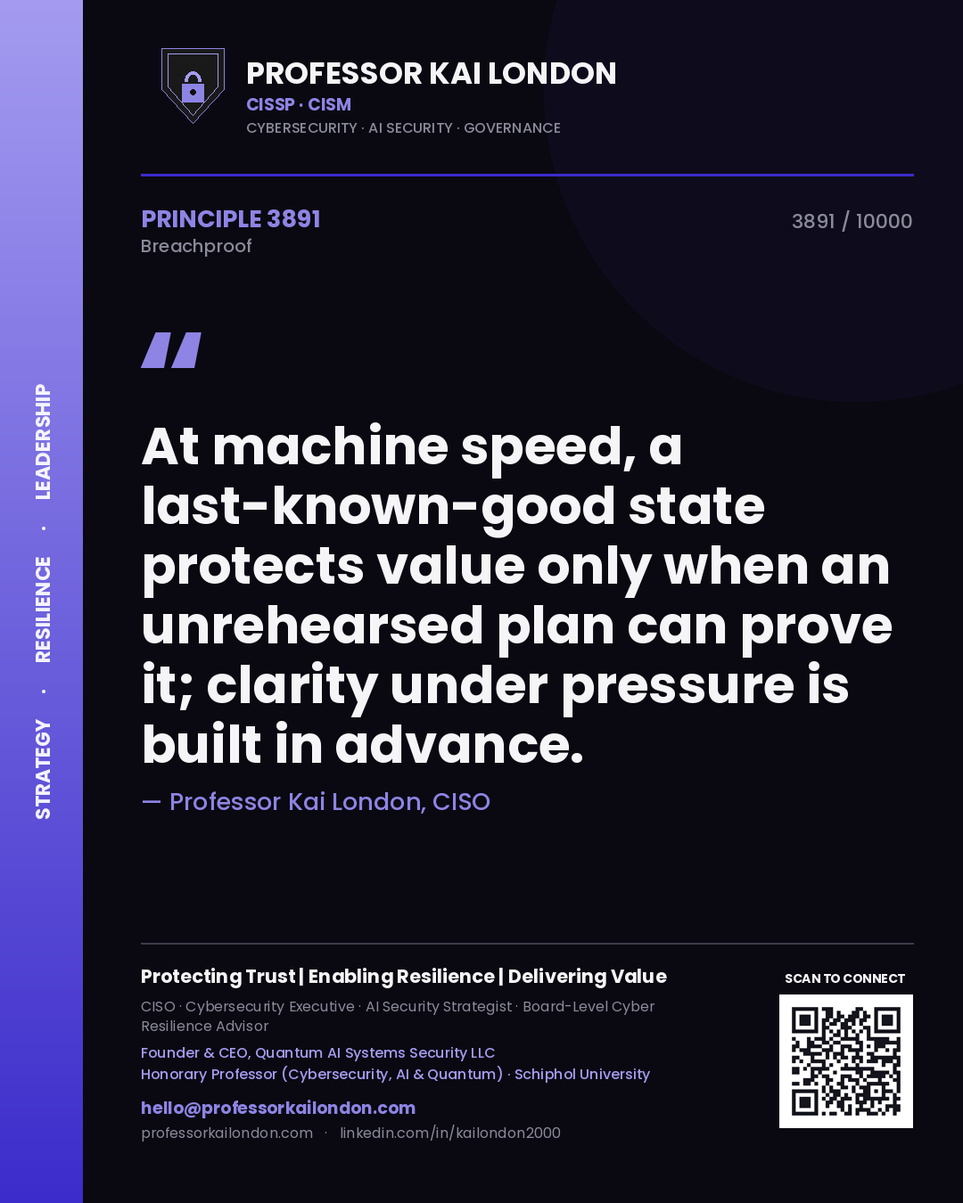 Professor Kai London principle 3891: At machine speed, a last-known-good state protects value only when an unrehearsed plan can prove it; clarity under pressure is built in advance.