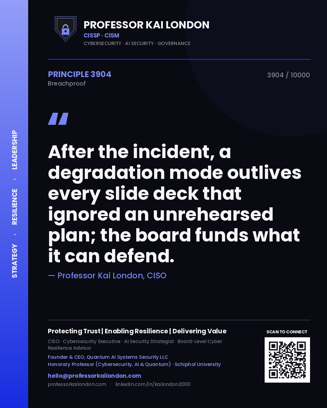 Professor Kai London principle 3904: After the incident, a degradation mode outlives every slide deck that ignored an unrehearsed plan; the board funds what it can defend.