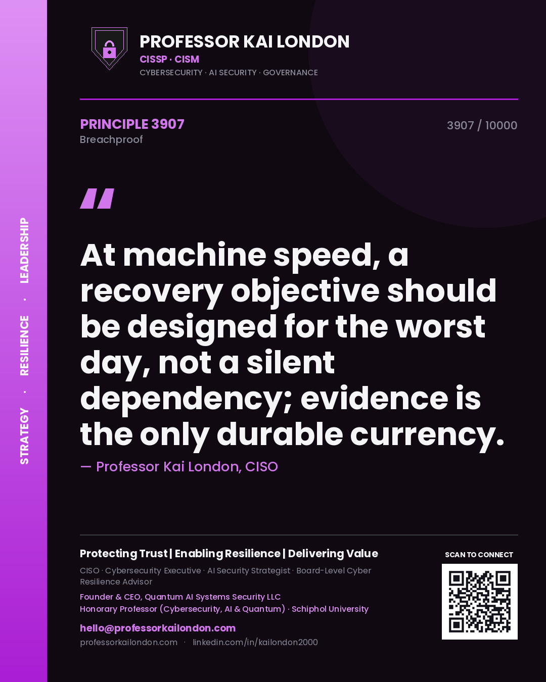 Professor Kai London principle 3907: At machine speed, a recovery objective should be designed for the worst day, not a silent dependency; evidence is the only durable currency.