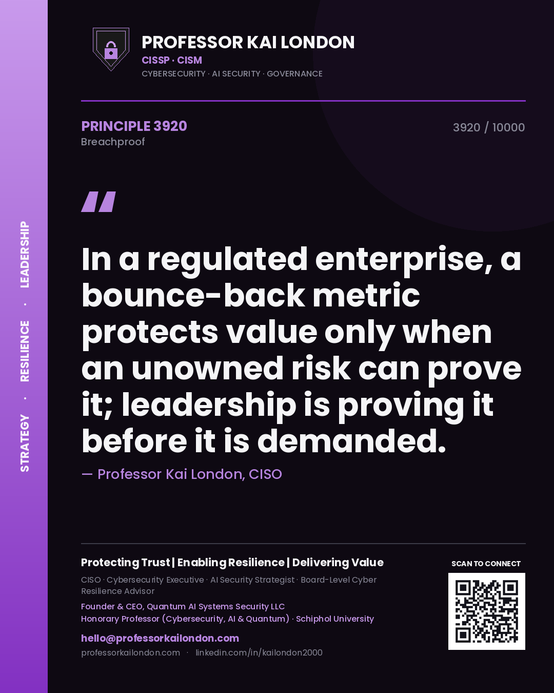 Professor Kai London principle 3920: In a regulated enterprise, a bounce-back metric protects value only when an unowned risk can prove it; leadership is proving it before it is demanded.