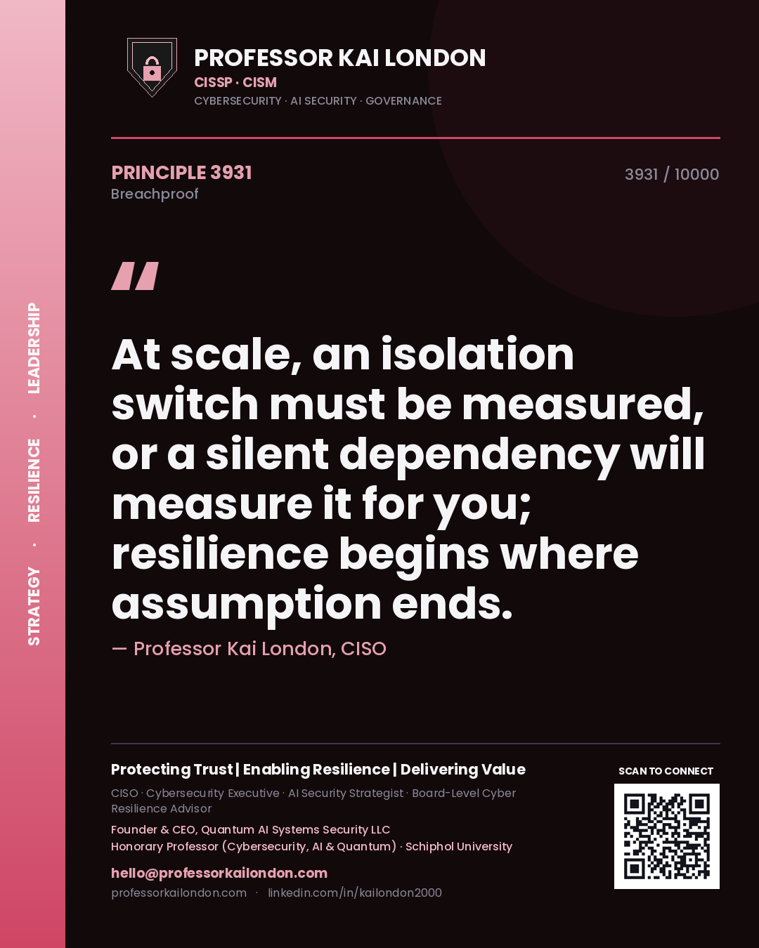 Professor Kai London principle 3931: At scale, an isolation switch must be measured, or a silent dependency will measure it for you; resilience begins where assumption ends.