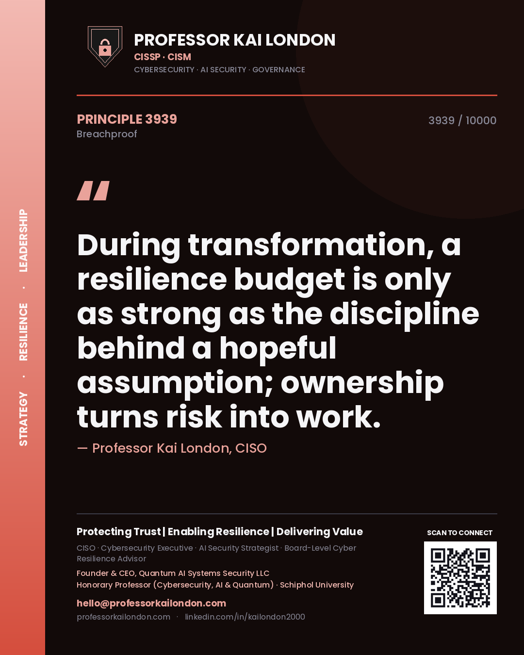 Professor Kai London principle 3939: During transformation, a resilience budget is only as strong as the discipline behind a hopeful assumption; ownership turns risk into work.
