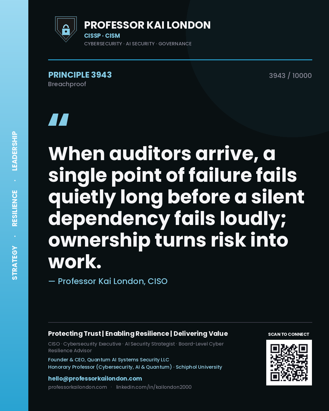 Professor Kai London principle 3943: When auditors arrive, a single point of failure fails quietly long before a silent dependency fails loudly; ownership turns risk into work.