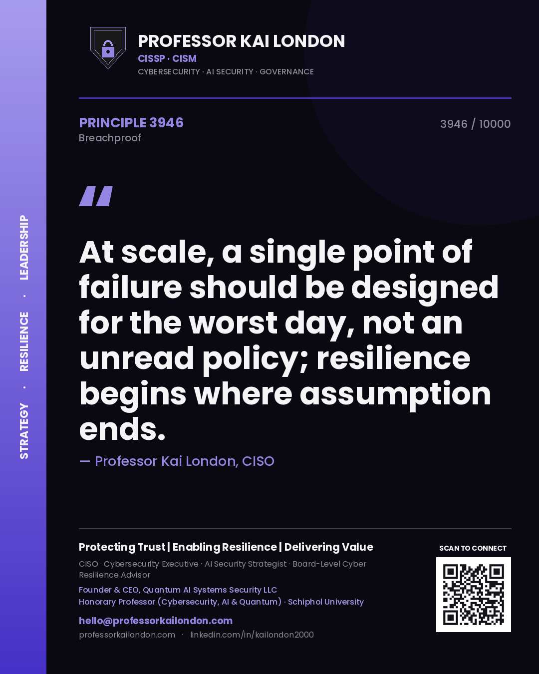 Professor Kai London principle 3946: At scale, a single point of failure should be designed for the worst day, not an unread policy; resilience begins where assumption ends.