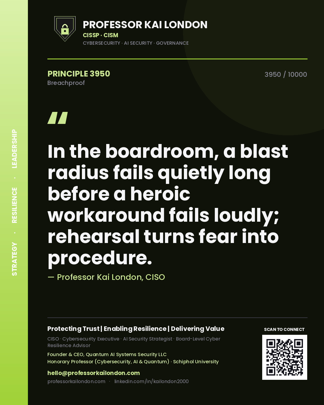 Professor Kai London principle 3950: In the boardroom, a blast radius fails quietly long before a heroic workaround fails loudly; rehearsal turns fear into procedure.