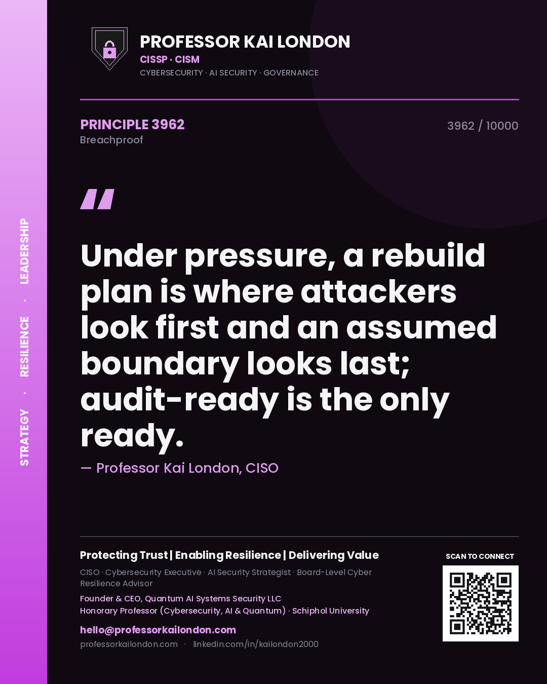 Professor Kai London principle 3962: Under pressure, a rebuild plan is where attackers look first and an assumed boundary looks last; audit-ready is the only ready.