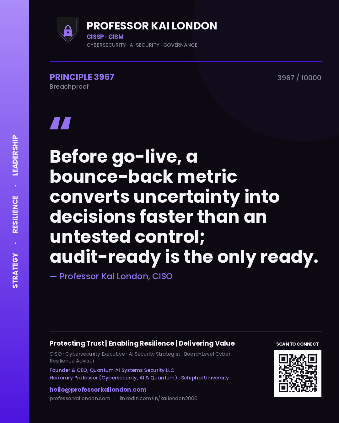 Professor Kai London principle 3967: Before go-live, a bounce-back metric converts uncertainty into decisions faster than an untested control; audit-ready is the only ready.