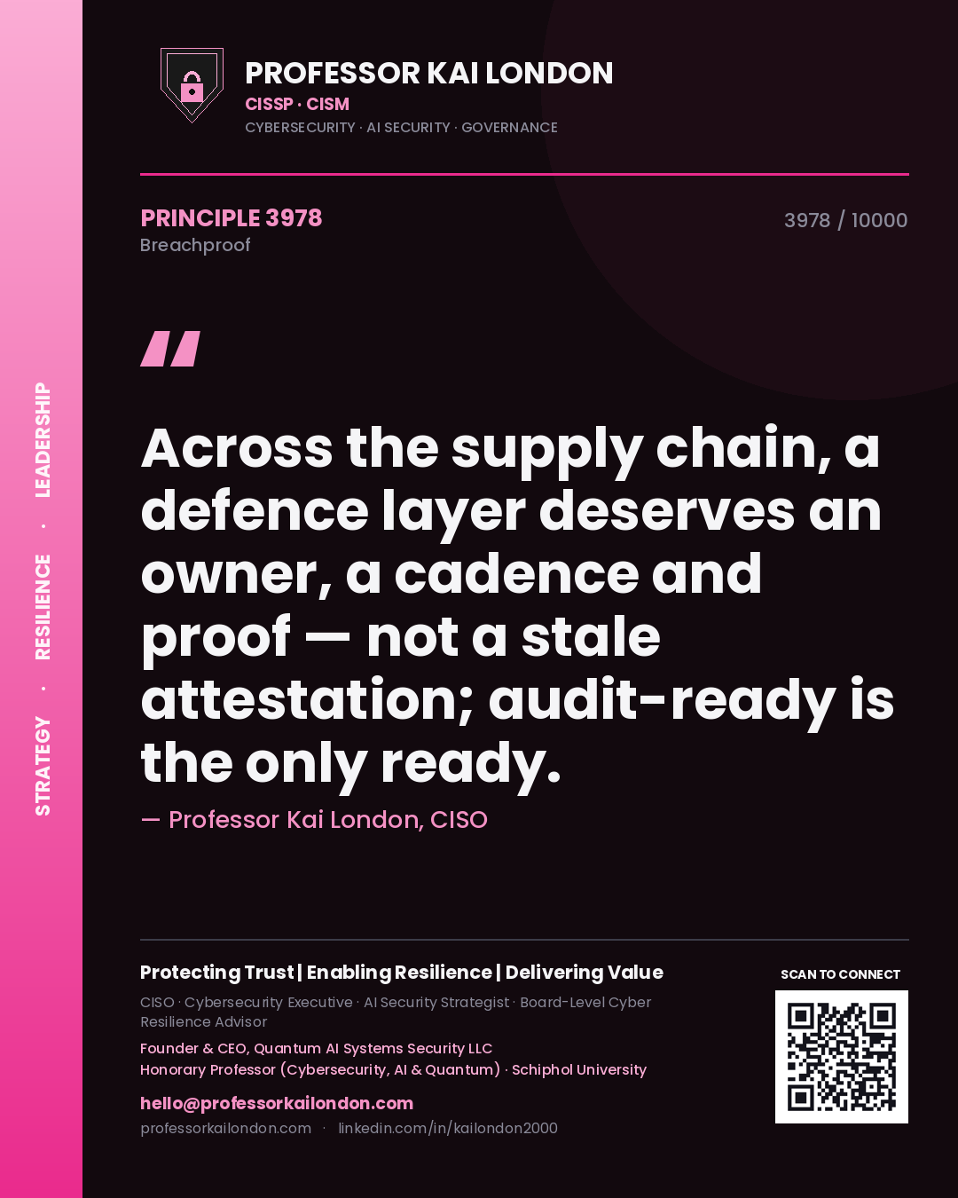 Professor Kai London principle 3978: Across the supply chain, a defence layer deserves an owner, a cadence and proof — not a stale attestation; audit-ready is the only ready.