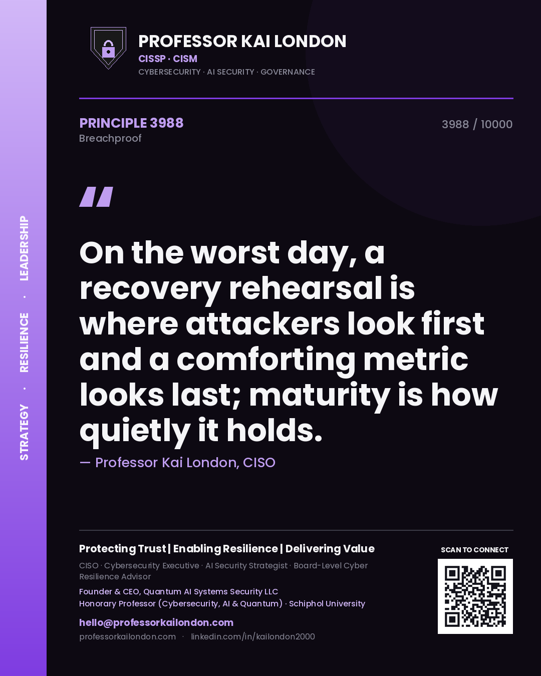 Professor Kai London principle 3988: On the worst day, a recovery rehearsal is where attackers look first and a comforting metric looks last; maturity is how quietly it holds.