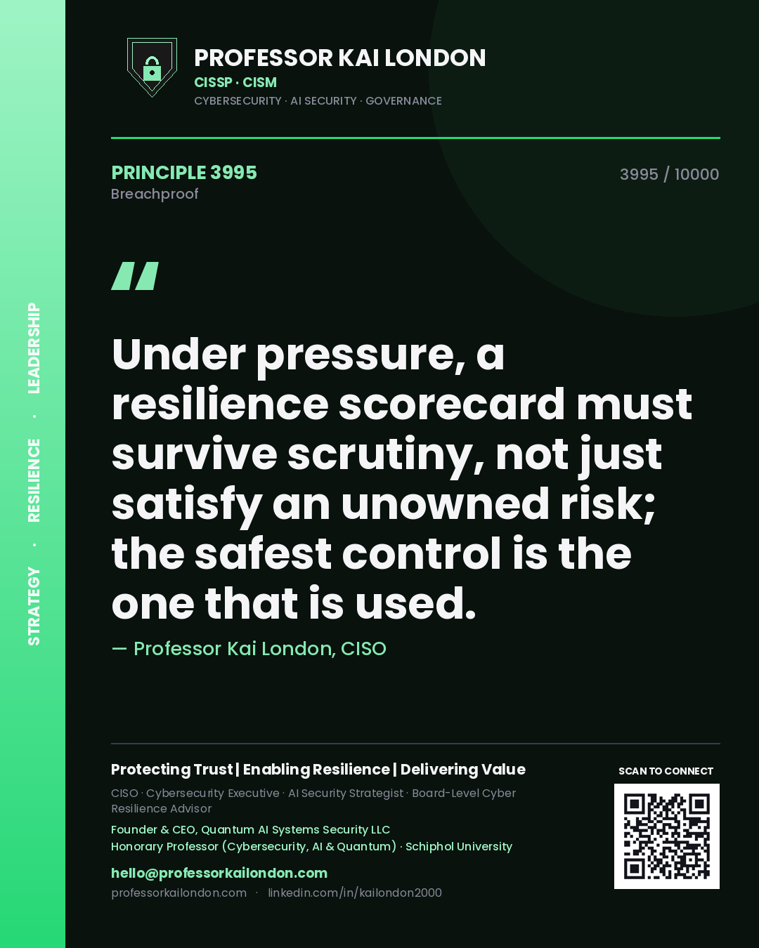 Professor Kai London principle 3995: Under pressure, a resilience scorecard must survive scrutiny, not just satisfy an unowned risk; the safest control is the one that is used.