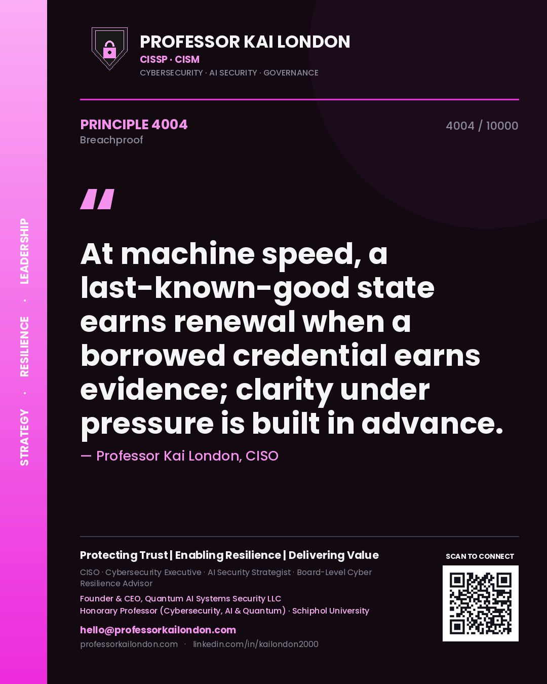 Professor Kai London principle 4004: At machine speed, a last-known-good state earns renewal when a borrowed credential earns evidence; clarity under pressure is built in advance.