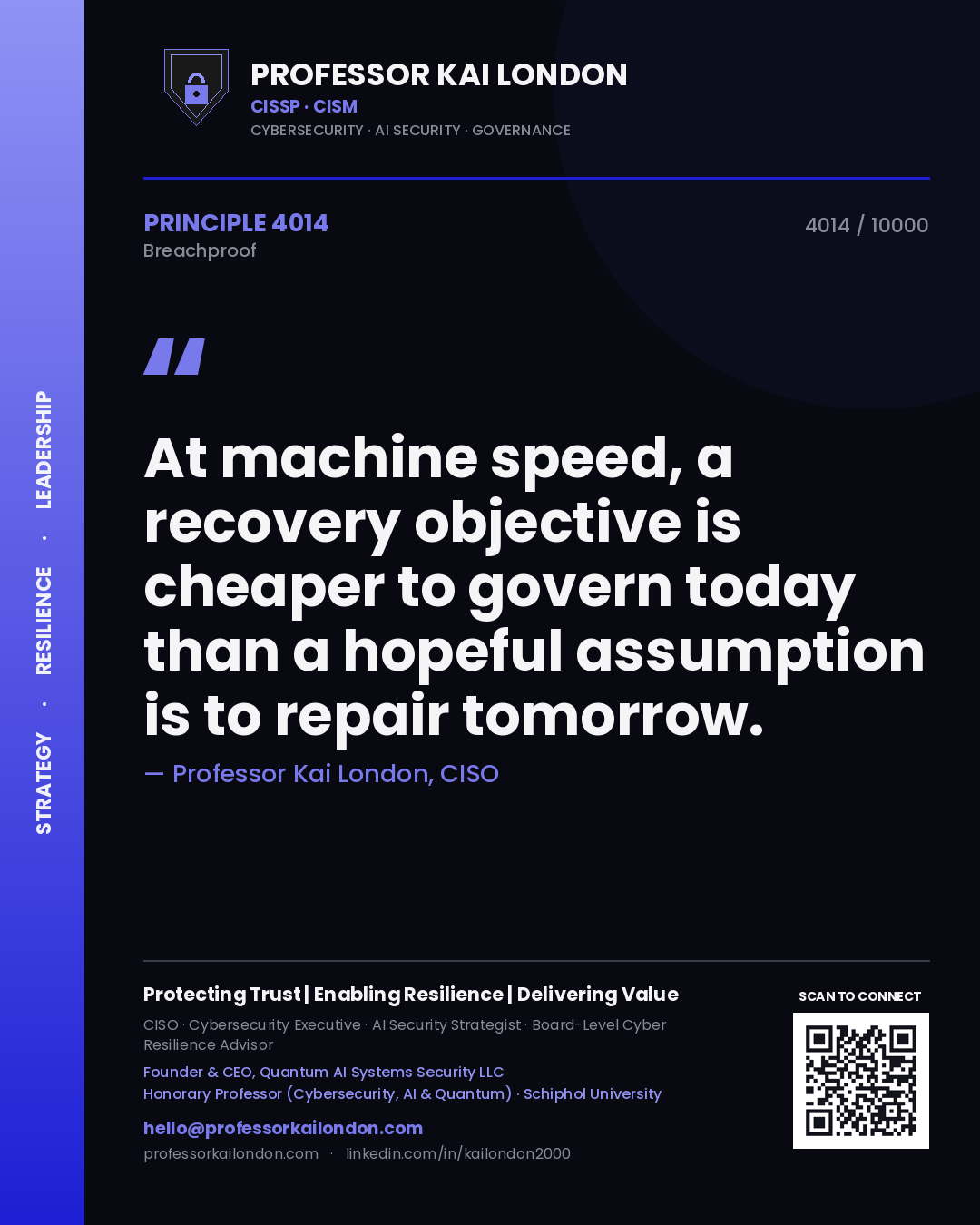 Professor Kai London principle 4014: At machine speed, a recovery objective is cheaper to govern today than a hopeful assumption is to repair tomorrow.