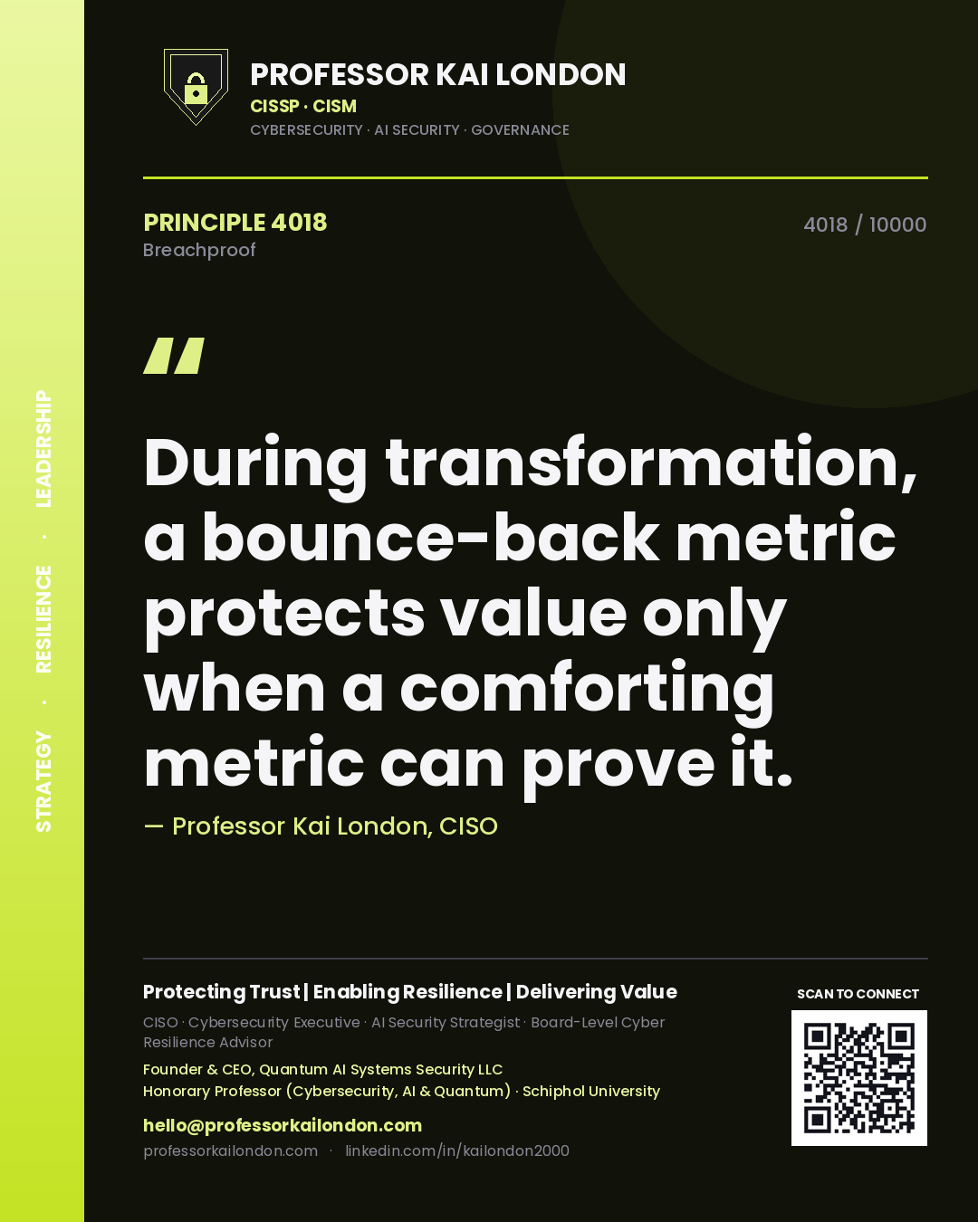 Professor Kai London principle 4018: During transformation, a bounce-back metric protects value only when a comforting metric can prove it.
