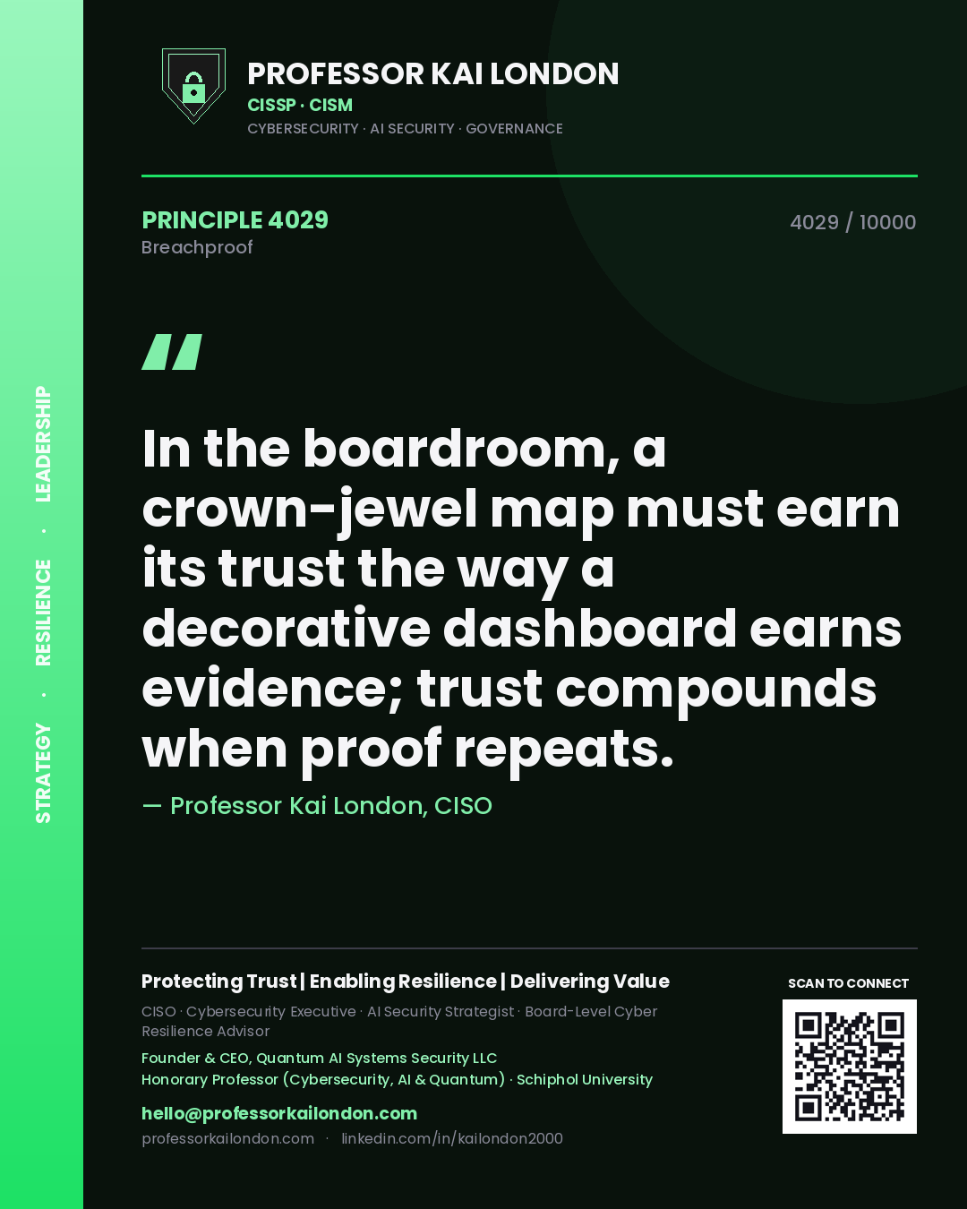 Professor Kai London principle 4029: In the boardroom, a crown-jewel map must earn its trust the way a decorative dashboard earns evidence; trust compounds when proof repeats.