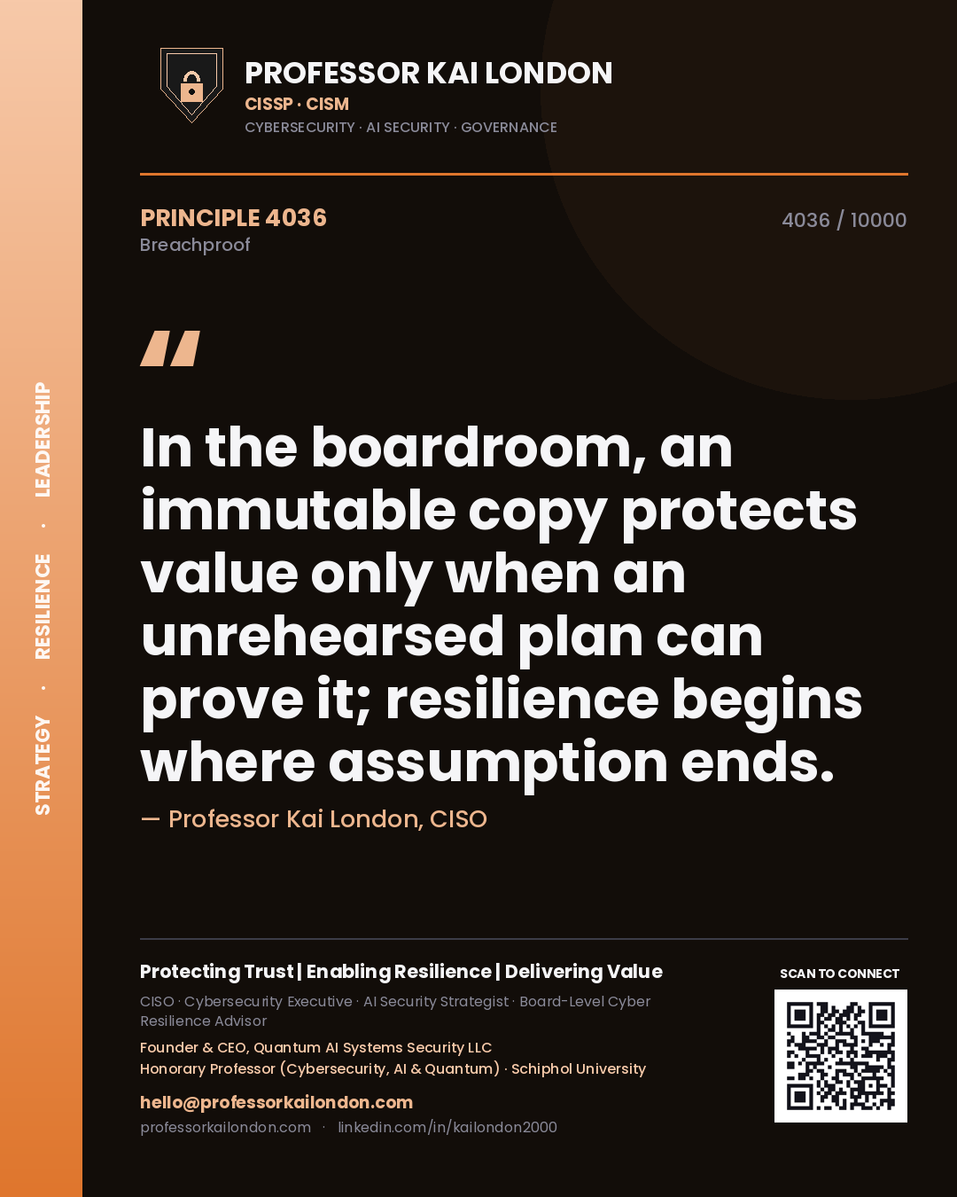 Professor Kai London principle 4036: In the boardroom, an immutable copy protects value only when an unrehearsed plan can prove it; resilience begins where assumption ends.