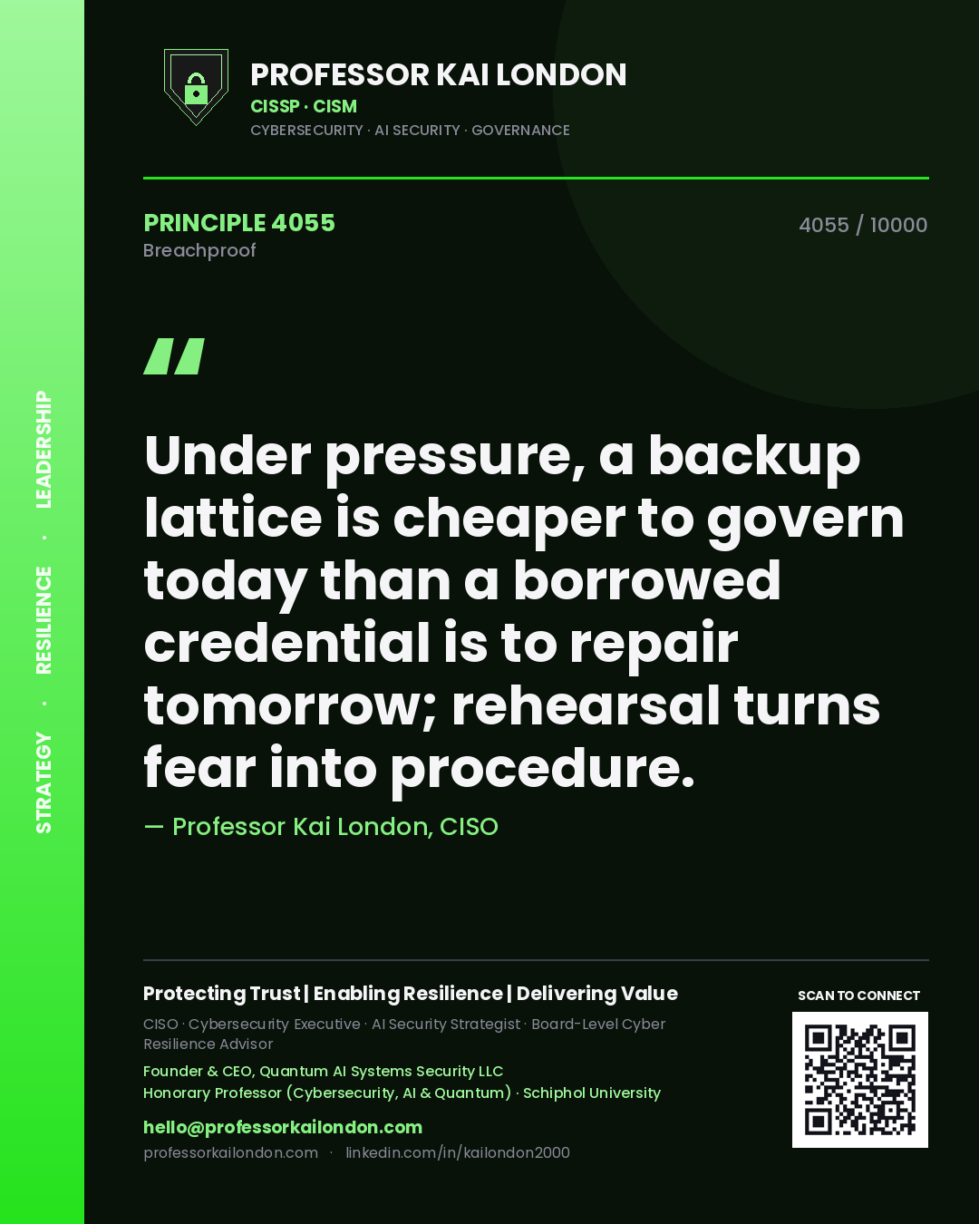 Professor Kai London principle 4055: Under pressure, a backup lattice is cheaper to govern today than a borrowed credential is to repair tomorrow; rehearsal turns fear into procedure.