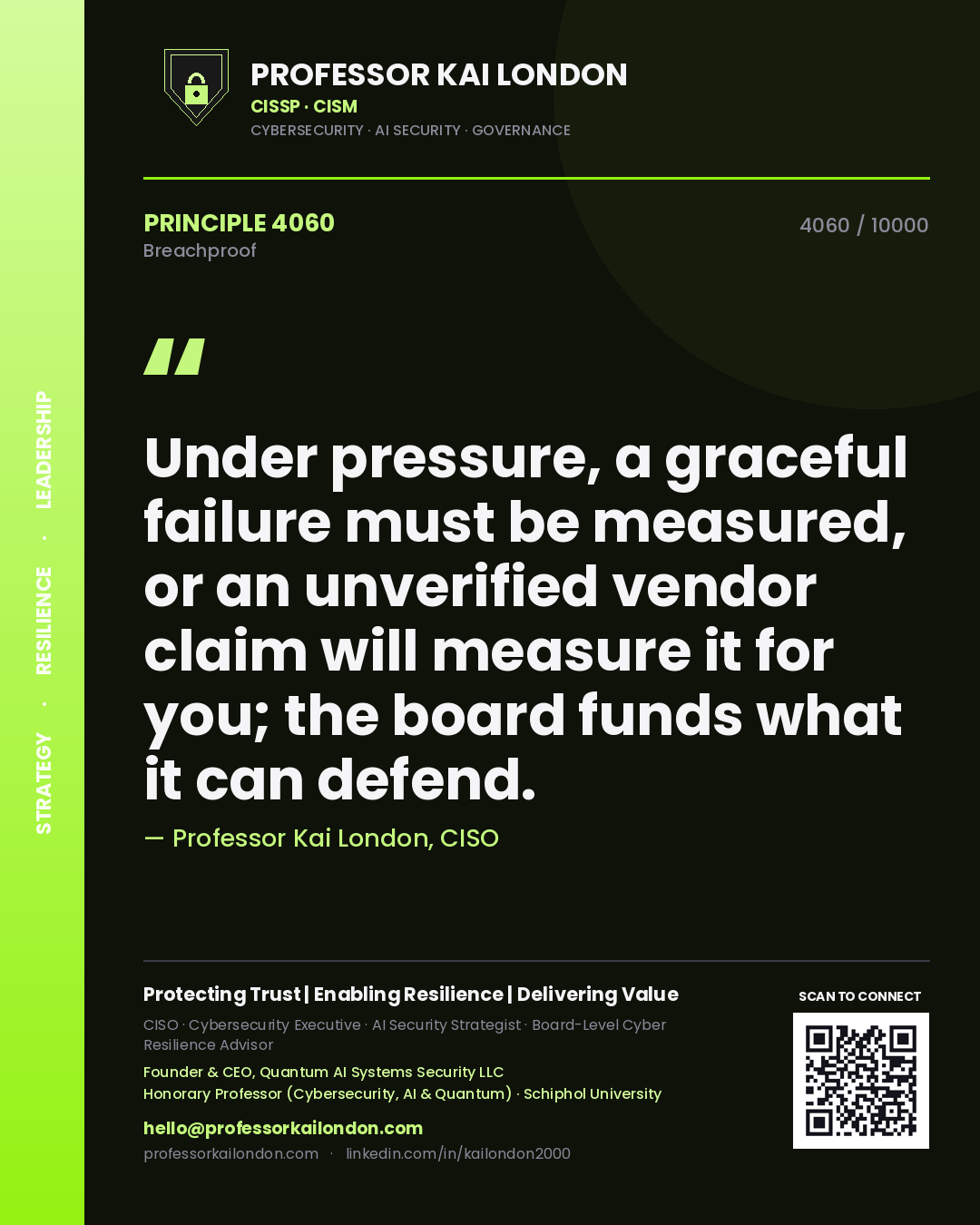 Professor Kai London principle 4060: Under pressure, a graceful failure must be measured, or an unverified vendor claim will measure it for you; the board funds what it can defend.